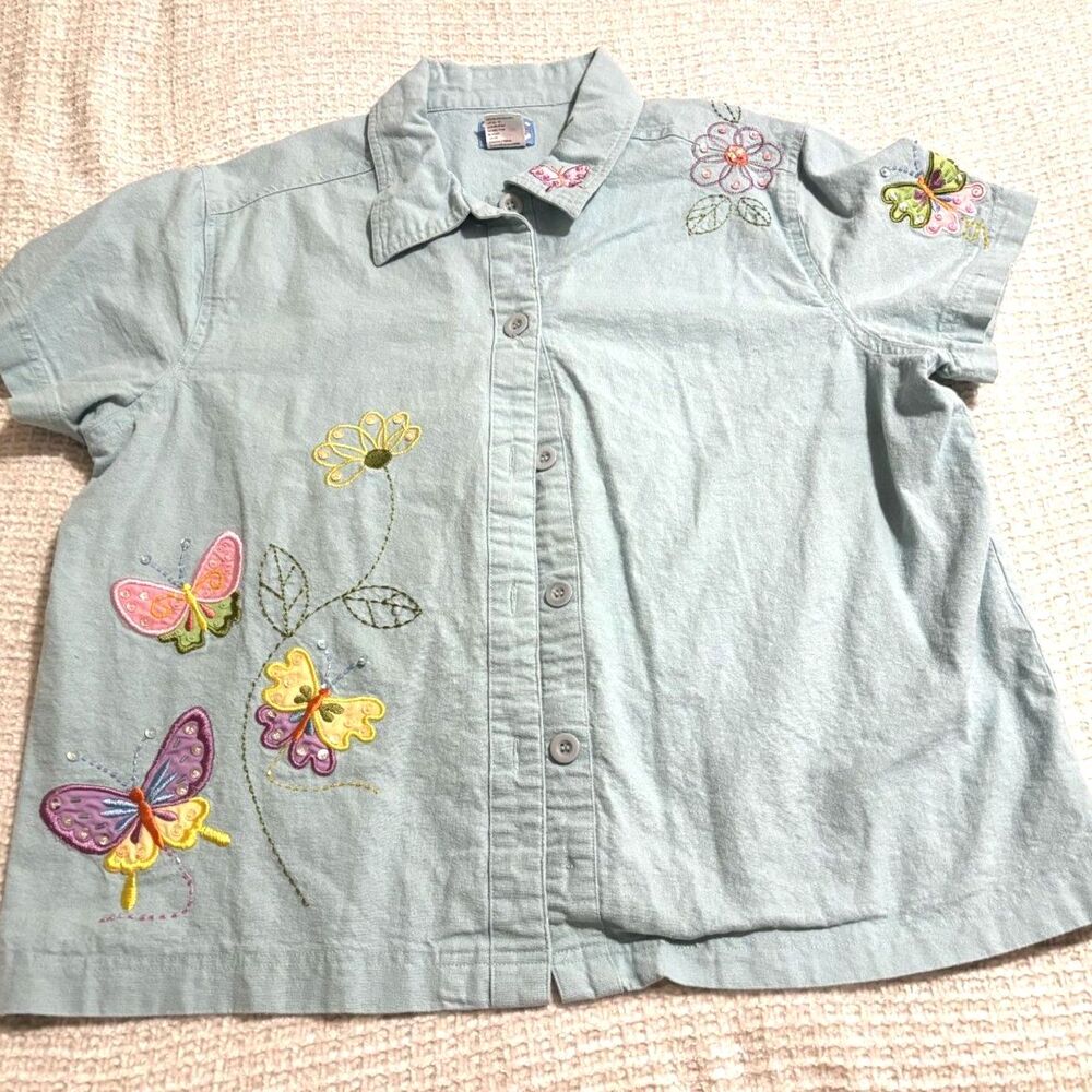 Cre8ions Linen Butterfly Embroidered Button Shirt XL Pastel Cottagecore Top Art